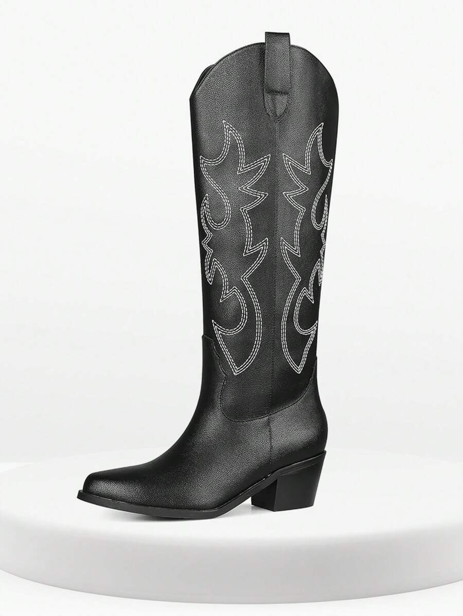 Womens New Fashionable Western Boots Embroidered Knee High Boot Wide Calf Pointed Toe Chunky Heel... | SHEIN