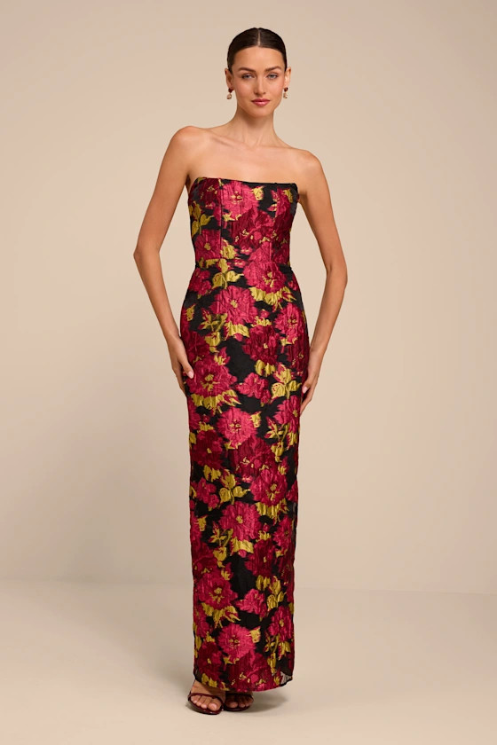 Tatianna Black Floral Jacquard Strapless Maxi Dress | Lulus