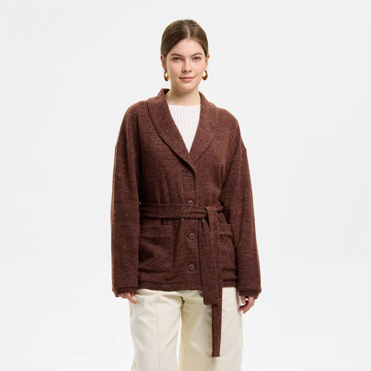 Women's Shawl Collar Belted Cardigan Sweater - Universal Thread™ Coffee L | Target