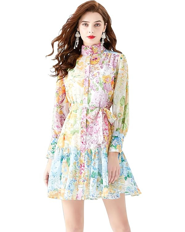 LAI MENG FIVE CATS Women's Floral Print Long Lantern Sleeve Ruffle Casual Button Belted Thin Fabr... | Amazon (US)