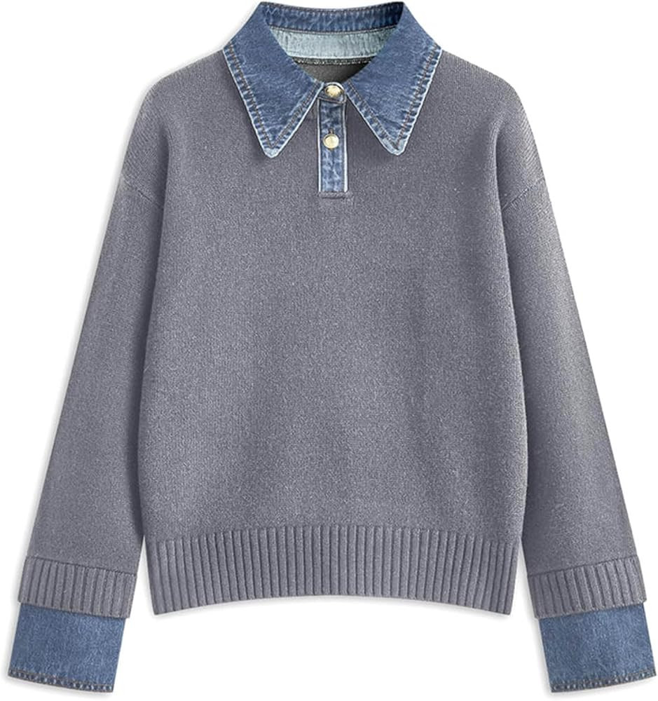 Sweater Shirts for Women Button Up Oversized Sweater Cozy Long Sleeve Mock Turtleneck V Neck Deni... | Amazon (US)