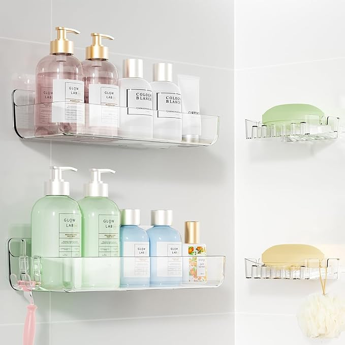 Crystal-Clear Shower Caddy with Soap Dish & Adhesive Pads, 2 Pack | Acrylic Wall Mounted Shower S... | Amazon (US)