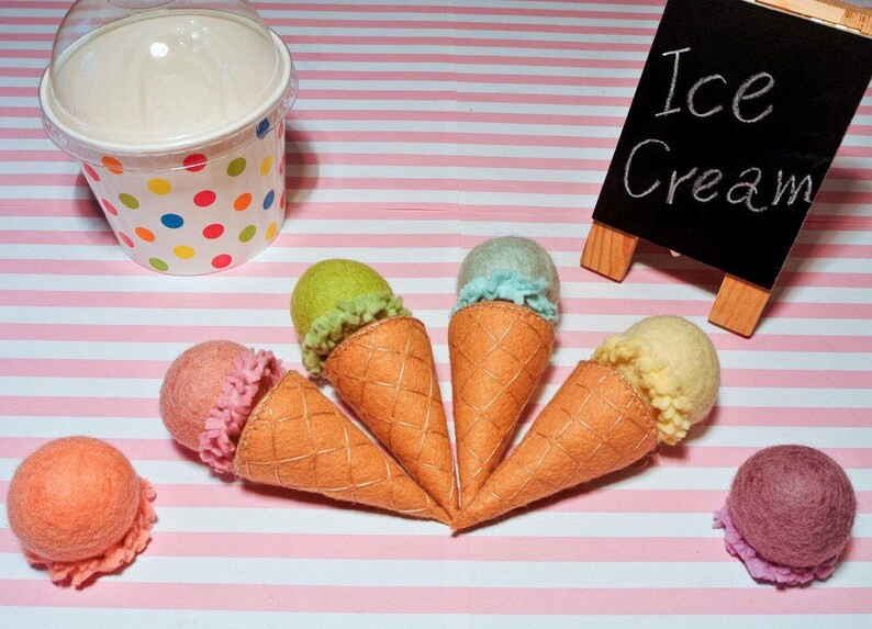 Felt Ball Ice cream Set C - Includes 4 cones & 6 scoops of ice cream.  Felt toys, Felt Food, Pret... | Etsy (US)