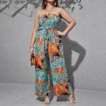 Plus Tropical Print Belted Tube Jumpsuit | SHEIN