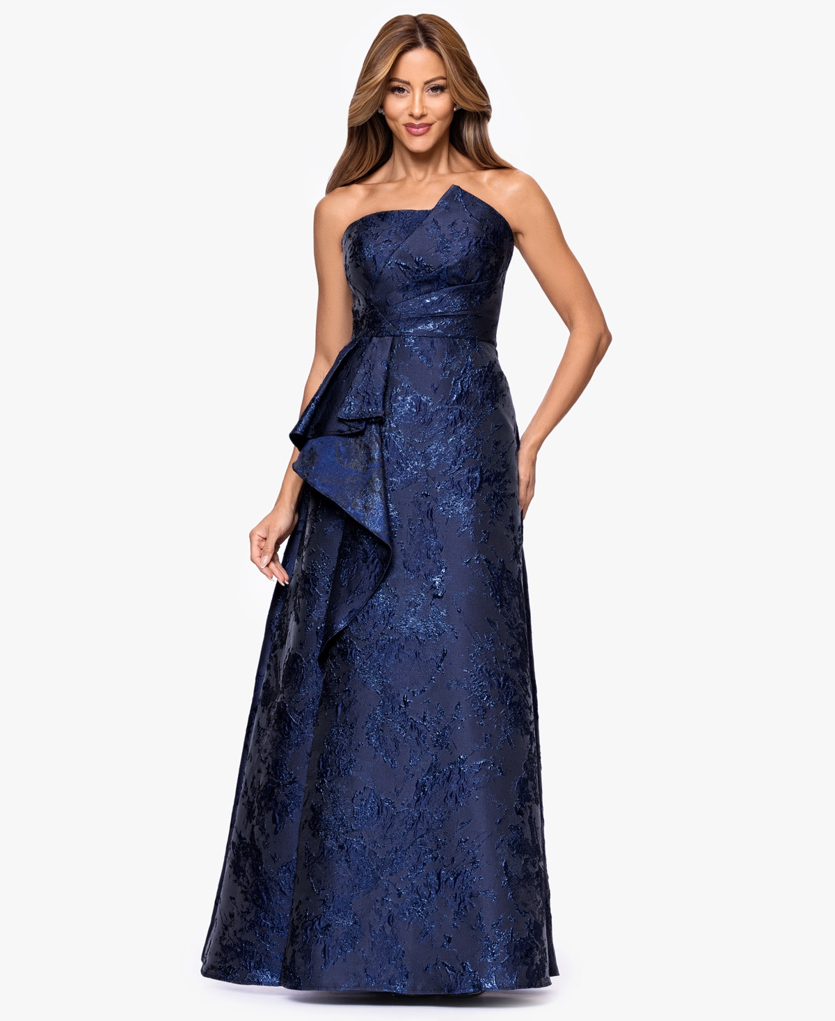 Xscape Women's Asymmetrical Strapless Ruffle Dress - NAVY | Macy's