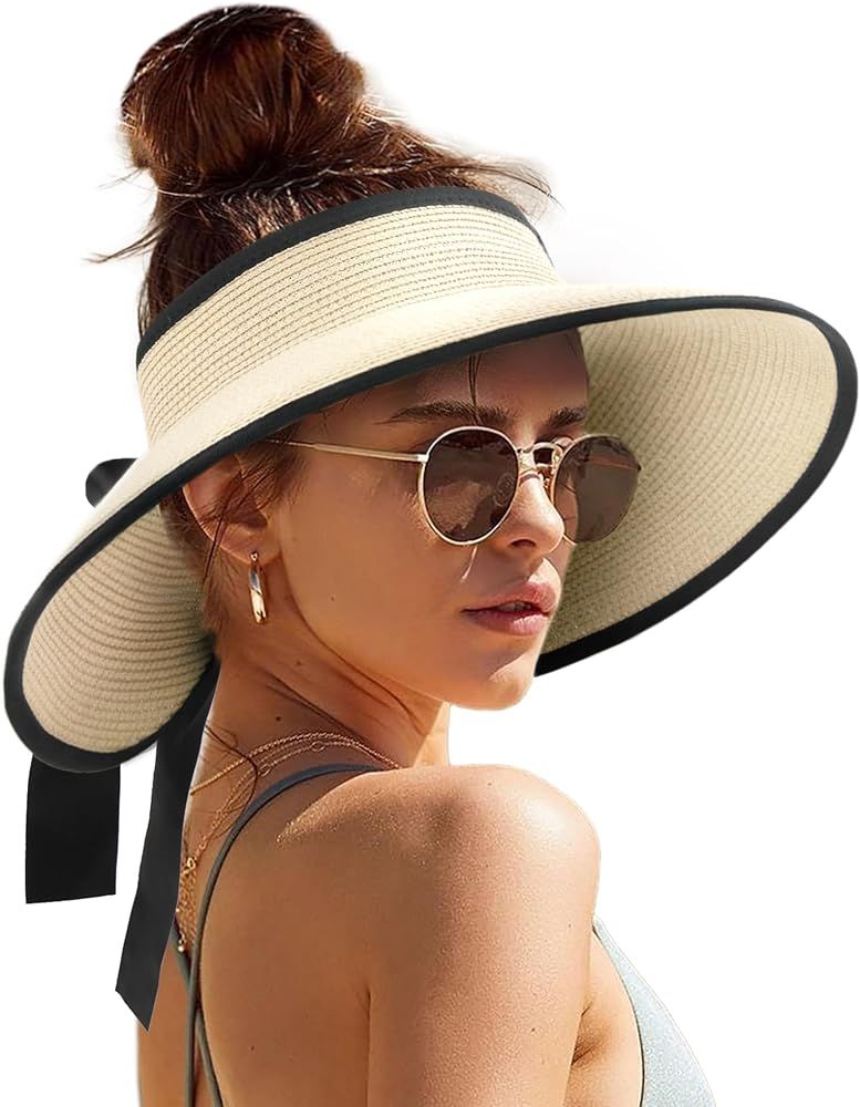 UPF 50+ Sun Visors for Women Wide Brim Beach Hat Foldable Straw Visor Hat Ponytail Summ... | Amazon (US)