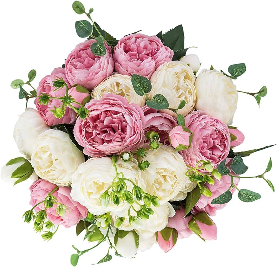 BLOSMON Artificial Flowers Wedding Peony Bouquet 4 Pcs Silk Peonies Fake Flower for Table Centerp... | Amazon (US)
