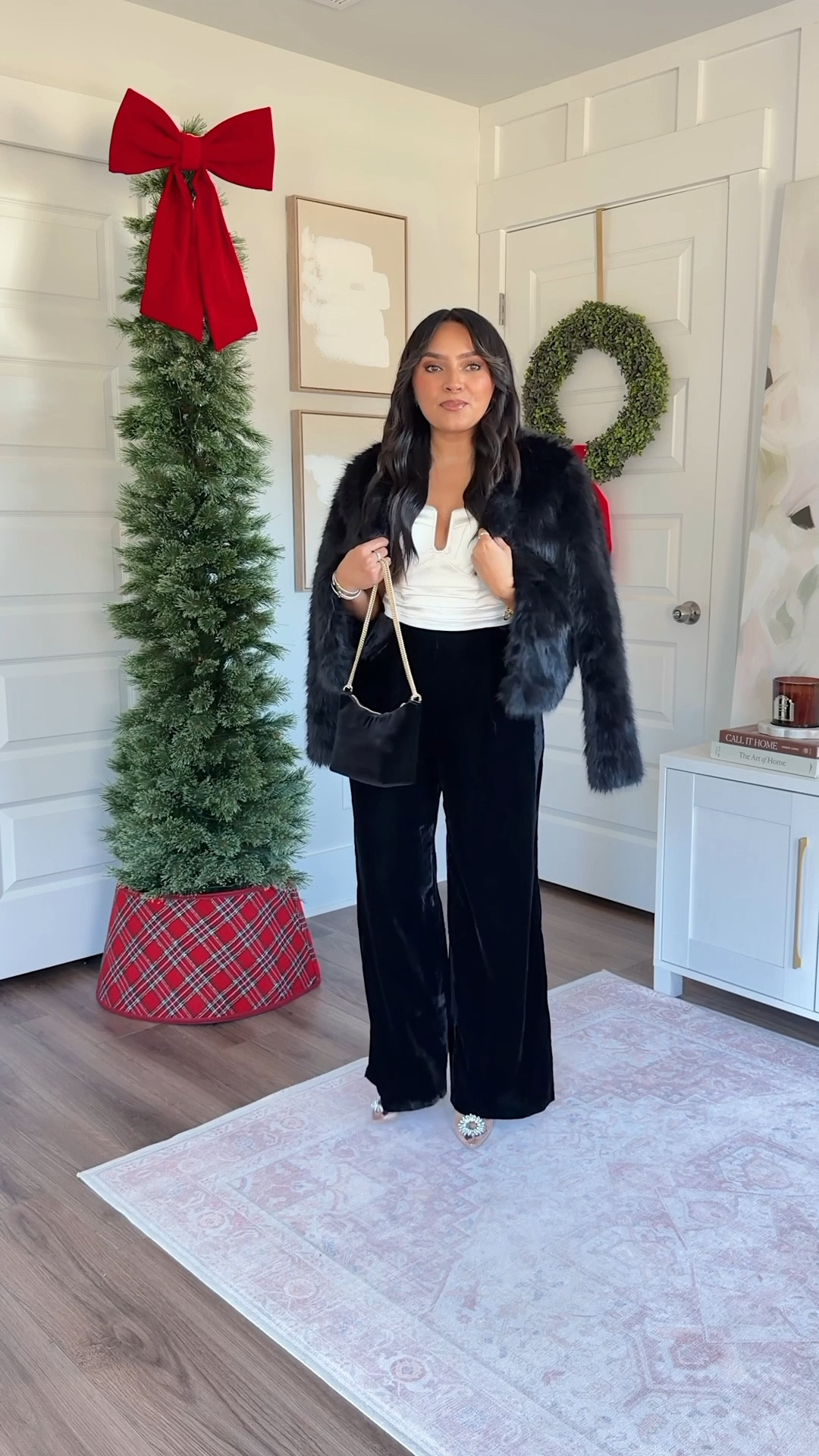 Black faux fur jacket size xxs TTS
Satin and velvet jumpset with removable straps size 0 petite TTS
Rhinestone clear heels - old, similar linked

#LTKHoliday #LTKPetite #LTKSaleAlert