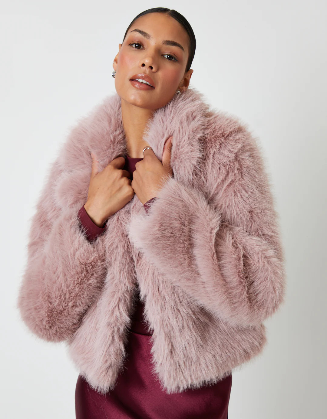 Pink Cropped Faux Fur Coat | Threadbare