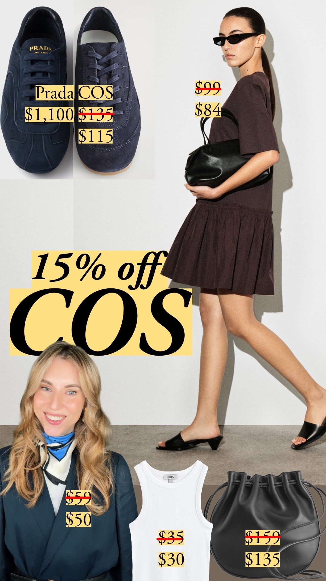 Use code APRIL15 through April 27 for 15% off at COS. The brown dress is so pretty and so easy at the same time. Their suede sneakers are scary close to Prada – not all shoes are included in the sale, so I was very happy to see them there. I love my COS blue scarf, and the high neck tank is in my cart, along with the rope belt. It's a good time to get a button up from them - they're dressier than other options at the price range (and they're well made beyond the price). Skip the Relaxed Linen-Blend Wide-Leg Pants; they're a mess. Pants are cut close and not curvy, so I recommend sizing up. Most pants have adjustable internal bands so you can cinch the waist and look polished. The knits are superb, and most button ups are outstanding – just stay away from the Longline Linen Shirt and this fabric: 50% linen, 47% rayon, 3% spandex.

#LTKootd