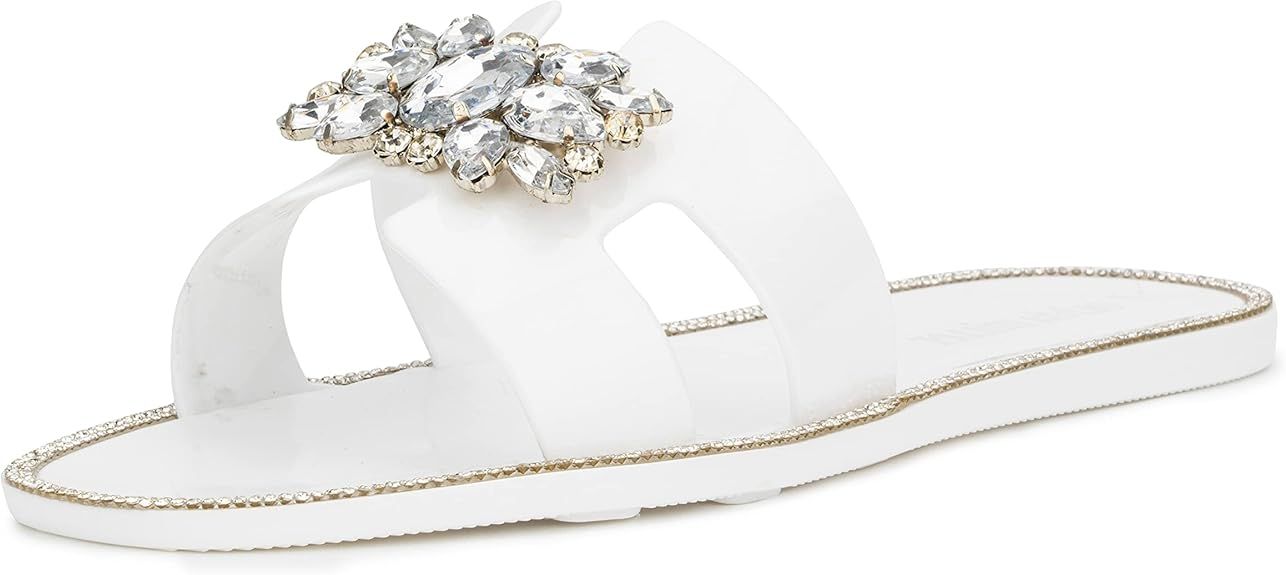 Olivia Miller Women’s Fashion Ladies Shoes, PVC Jelly w Embellished Rhinestones Double Strap Du... | Amazon (US)