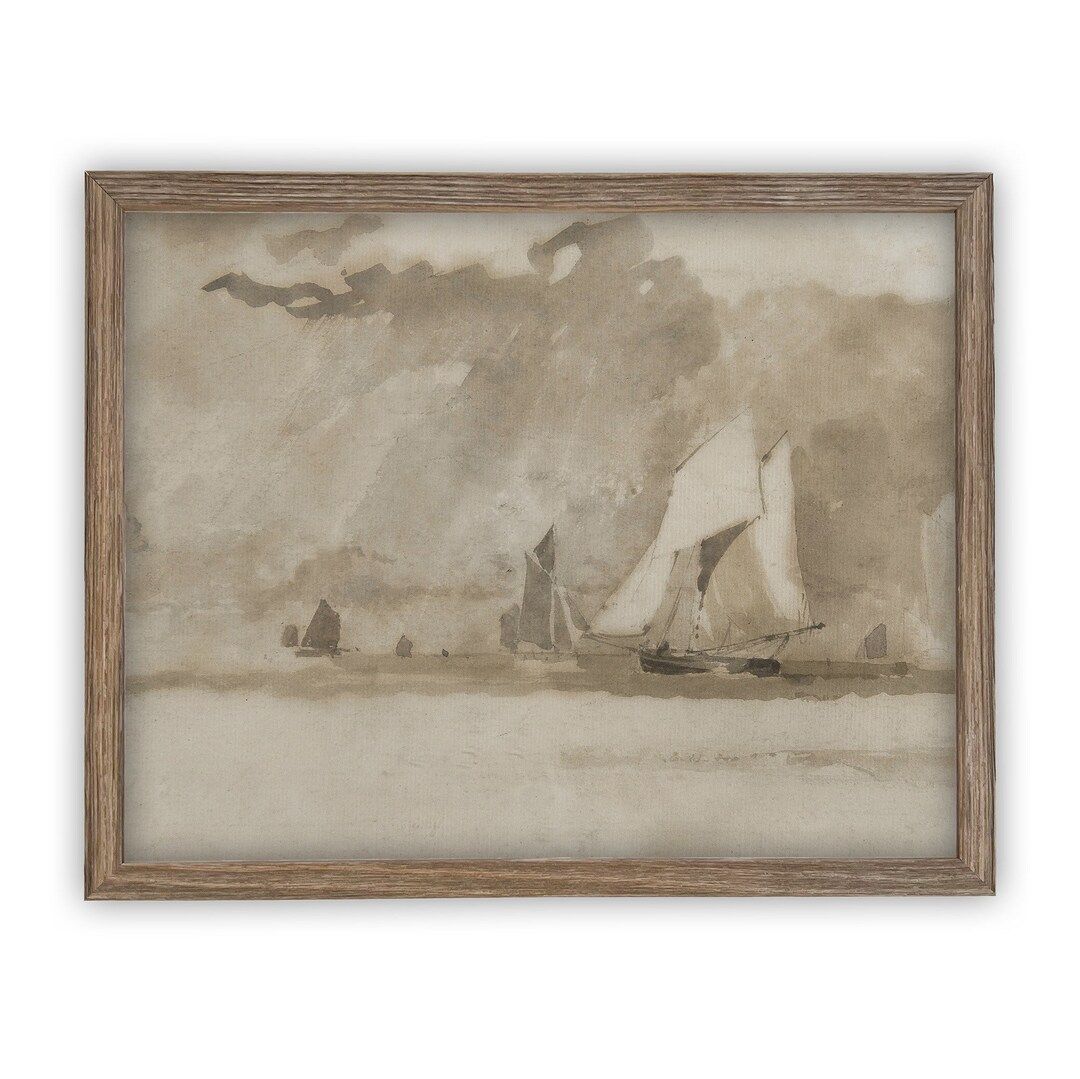 Vintage Framed Canvas Art // Framed Vintage Print // Vintage Painting // Coastal Sailboat Seascap... | Etsy (US)