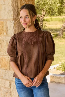 Brown Lace Detail Pleated Top | Avara