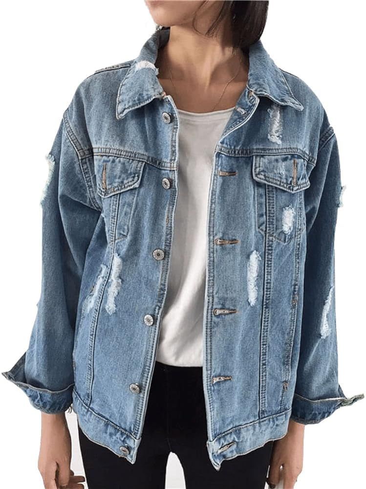 Oversized Denim Jacket for Women Destoryed Long Sleeve Boyfriend Jean Jacket Loose Coat | Amazon (US)