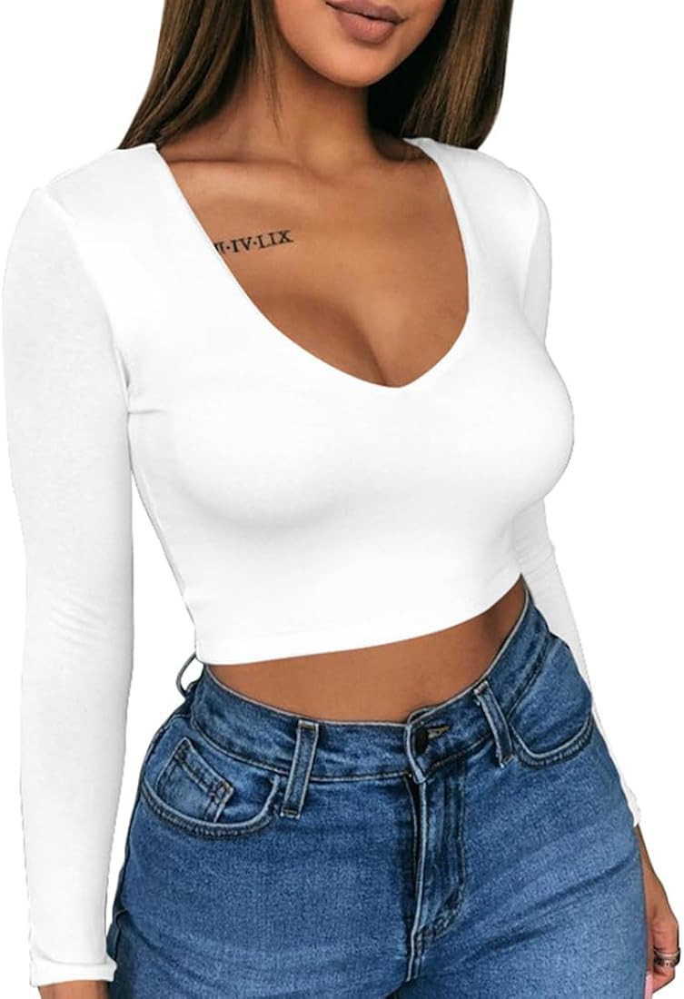 XXTAXN Women's Sexy Bodycon Basic Scoop Neck Long Sleeve Slim Solid Color Crop Top | Amazon (US)