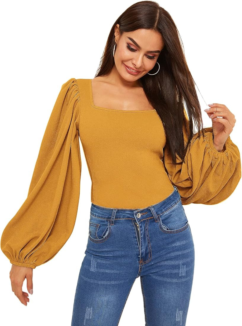 Romwe Women's Long Puff Sleeve Square Neck Slim Fit Crop Tops Blouse Sweatshirt | Amazon (US)