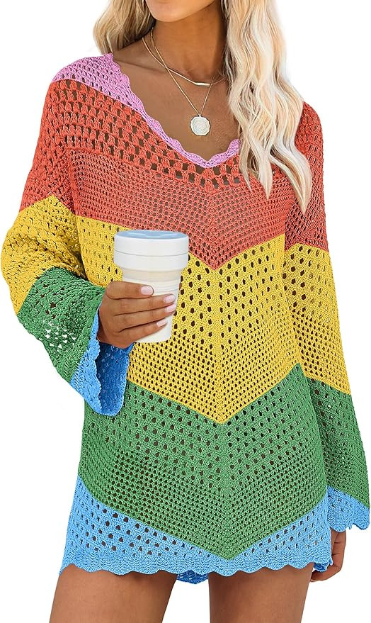 ANRABESS Swimsuit Cover Up for Women Crochet Bathing Suit 2026 Summer Swimwear V Neck Mesh Knit B... | Amazon (US)