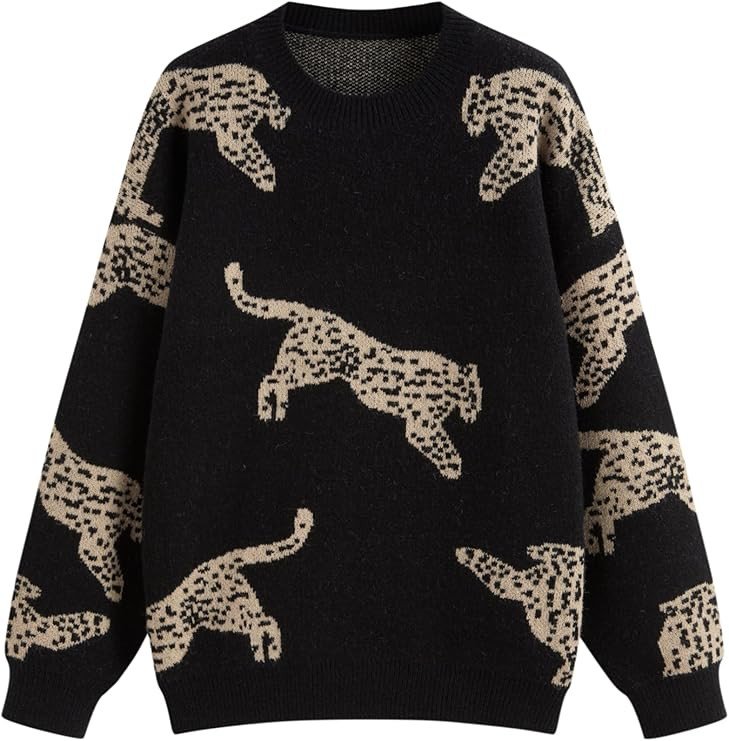 CIDER Womens Leopard Crew Neck Long Sleeve Boho Knit Sweater Casual Pullover Fall Sweater | Amazon (US)