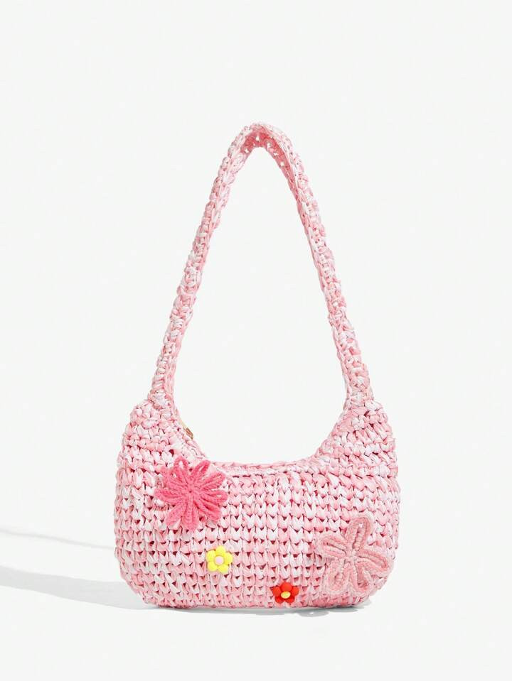 SHEIN ICON Ladies, Women Shoulder Bag, Hobo Bag, Straw Bag, Pink And White, Flowers, Crochet Flow... | SHEIN