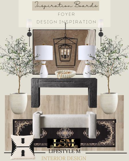 Get this foyer look. Shop below.  Black wood console table, black foyer runner, white bench, throw pillow, white tree planter, faux fake tree, wood floor tile, white decorative bowl, white table lamp, wall art, black lantern foyer pendant, wall sconce light.

#LTKstyletip #LTKFind #LTKhome