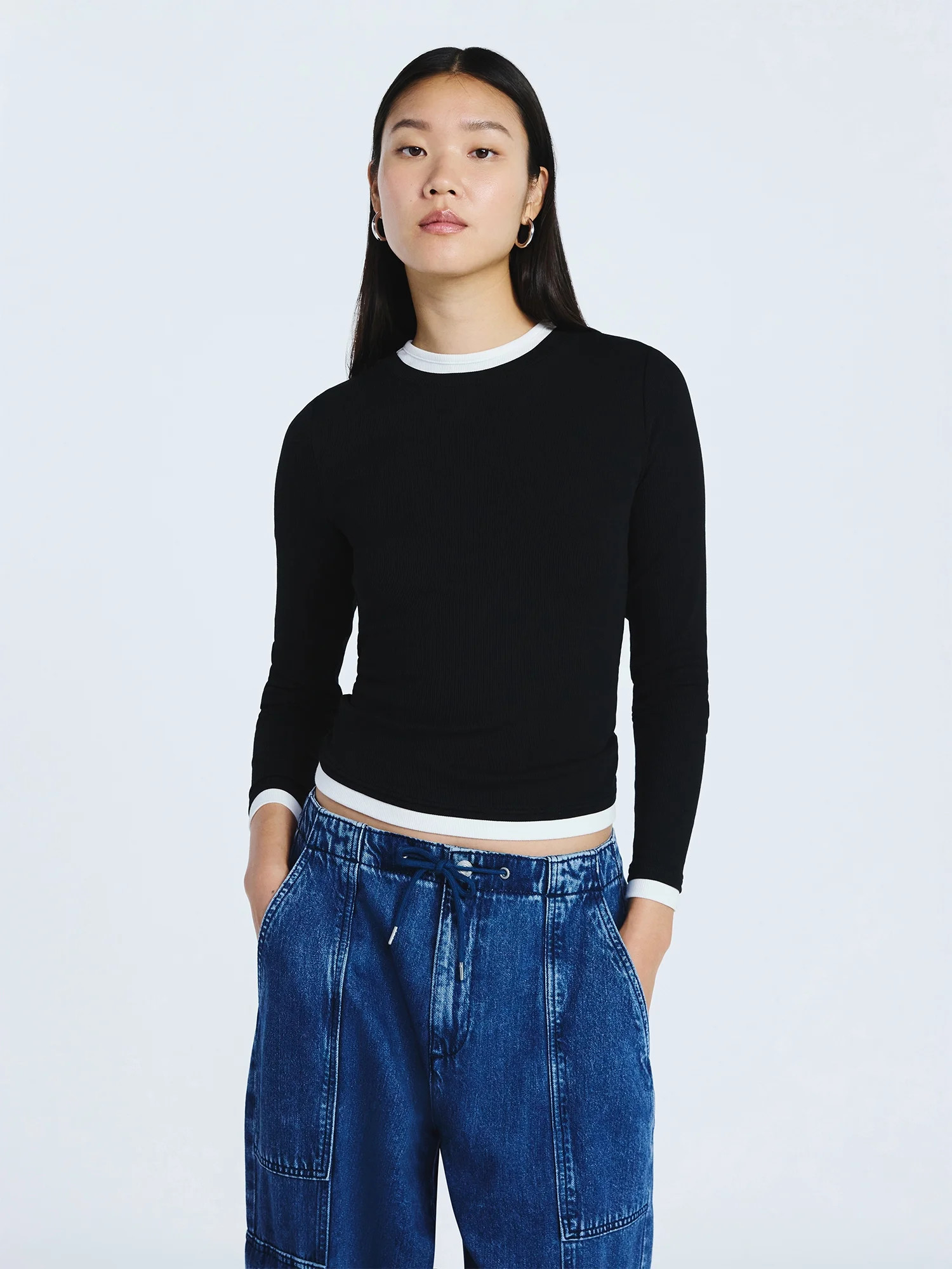 Scoop Women’s Double Layer Rib Tee with Long Sleeves, Sizes XS-XXL | Walmart (US)