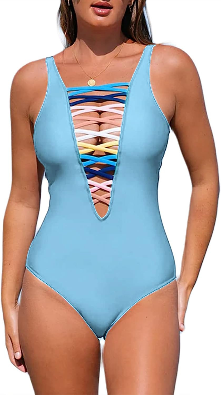 SOFIA'S CHOICE Women's Sexy One Pieces Swimsuit Lace Up Deep V Bathing Suit Beachwear | Amazon (US)