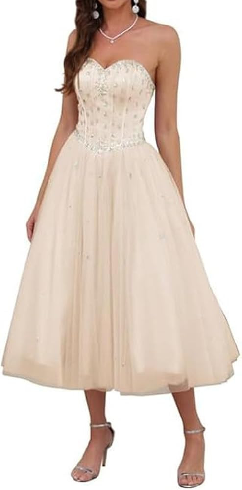 Women's Strapless Tea Length Prom Dress, Tulle Ball Gown with Crystal Beading, Corset Back, Sweet... | Amazon (US)