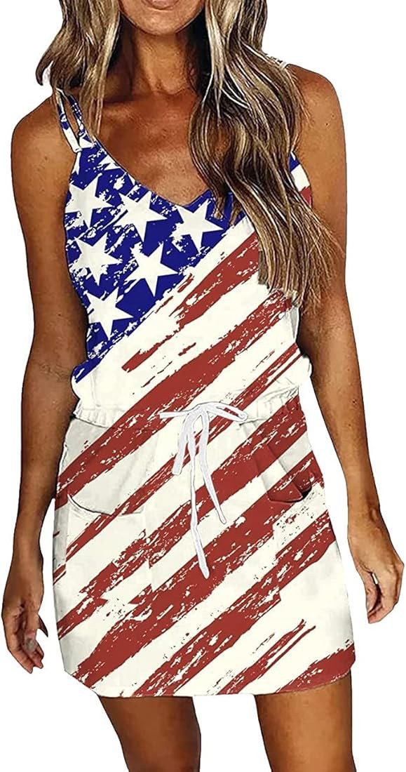 Women Sun Dresses Summer Casual Sleeveless Color Block Beach Short Dress with Pockets | Amazon (US)