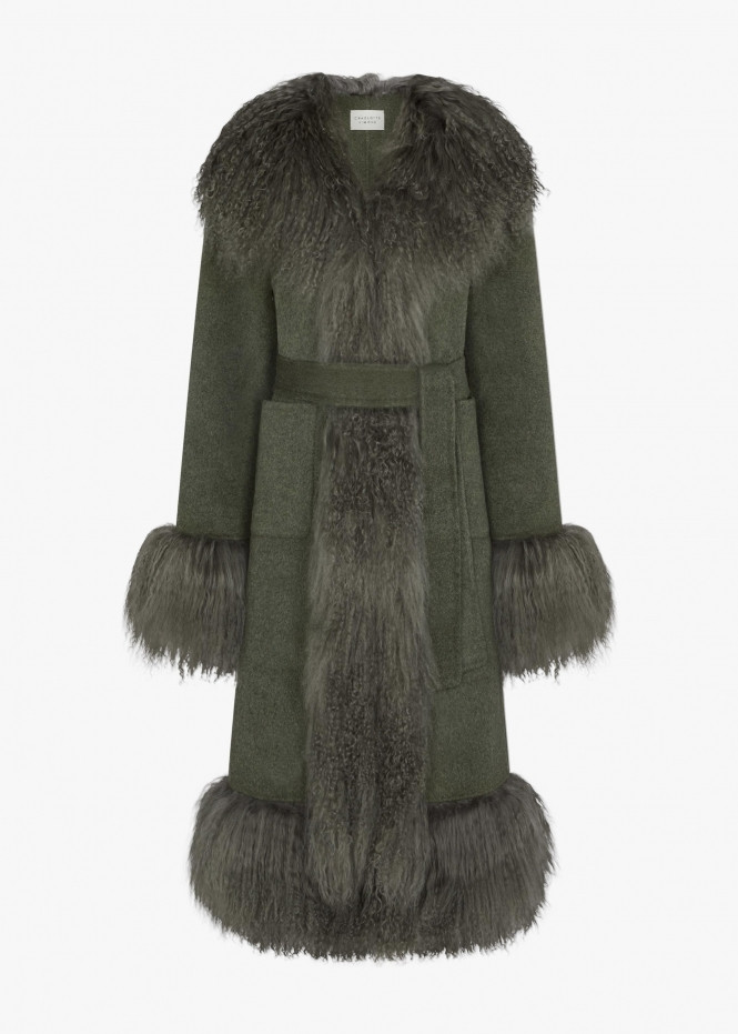 Harlow Khaki Flecked Wool Mongolian Lambswool Long-Line Coat | Daniel Footwear (UK)