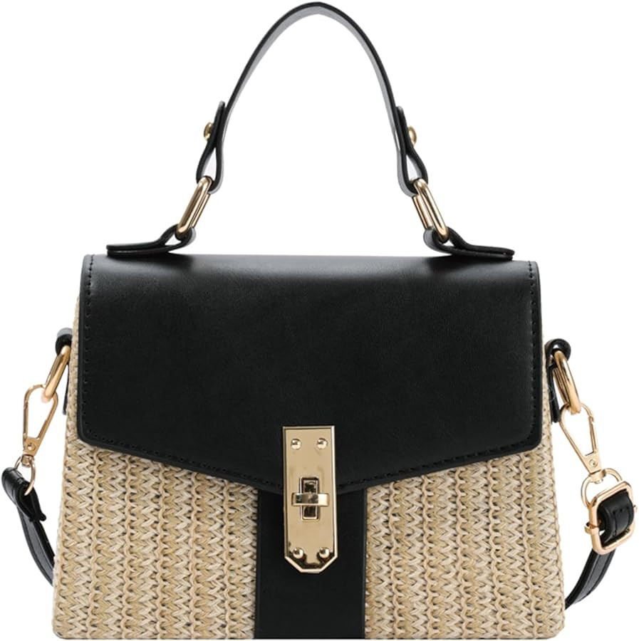Summer Woven Straw Crossbody Bag Women Color Block Flap Box Purse Lock Closure Mini Satchel | Amazon (US)