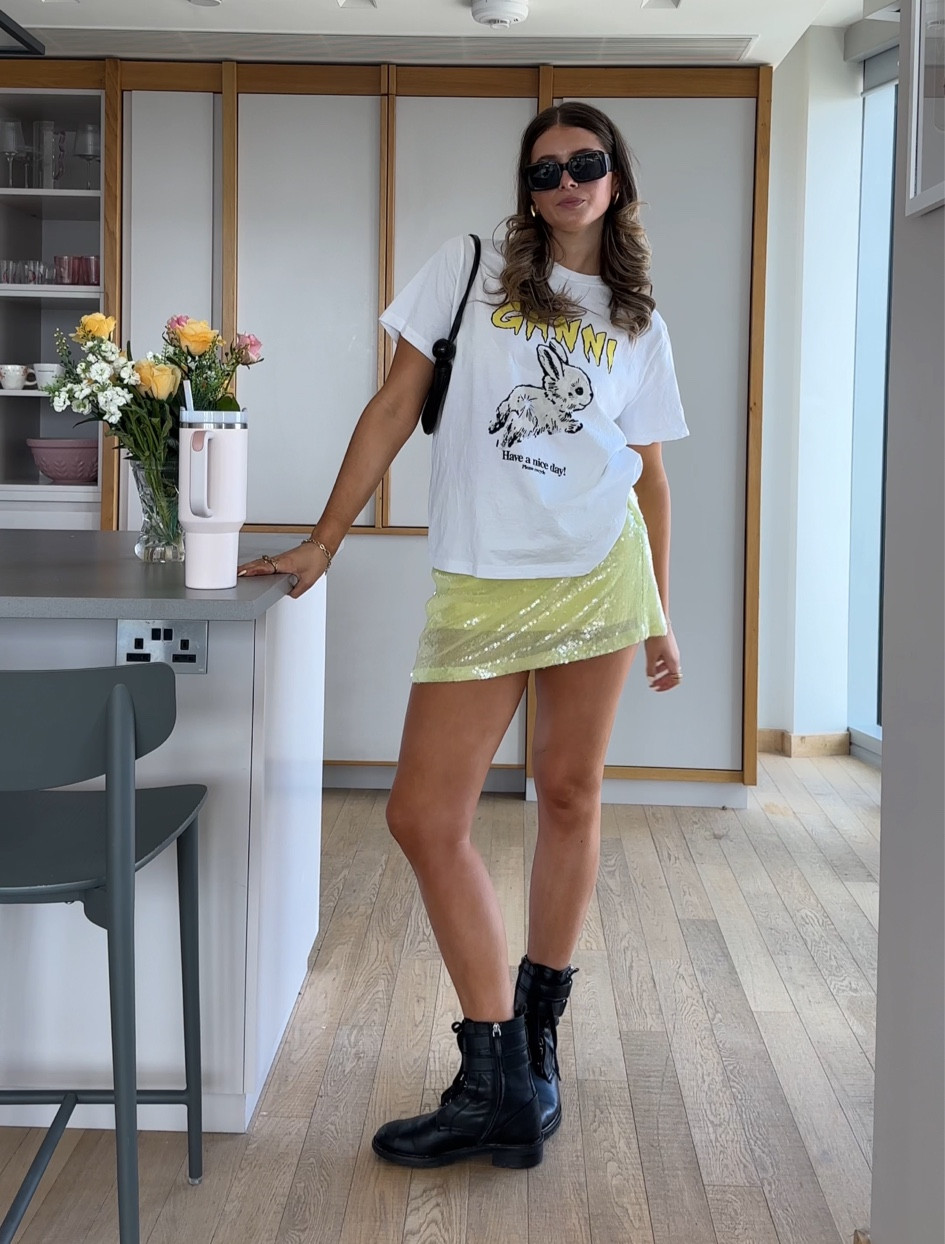 white ganni tee yellow graphic tshirt basic lemon yellow sequin skirt Zara black leather ankle boots biker boots doc martens black shoulder back purse jacquemus black sunglasses hm mango summer outfits girls night inspo Pinterest girl gold jewellery asos Abercrombie holiday shop 

#LTKsummer #LTKstyletip #LTKeurope