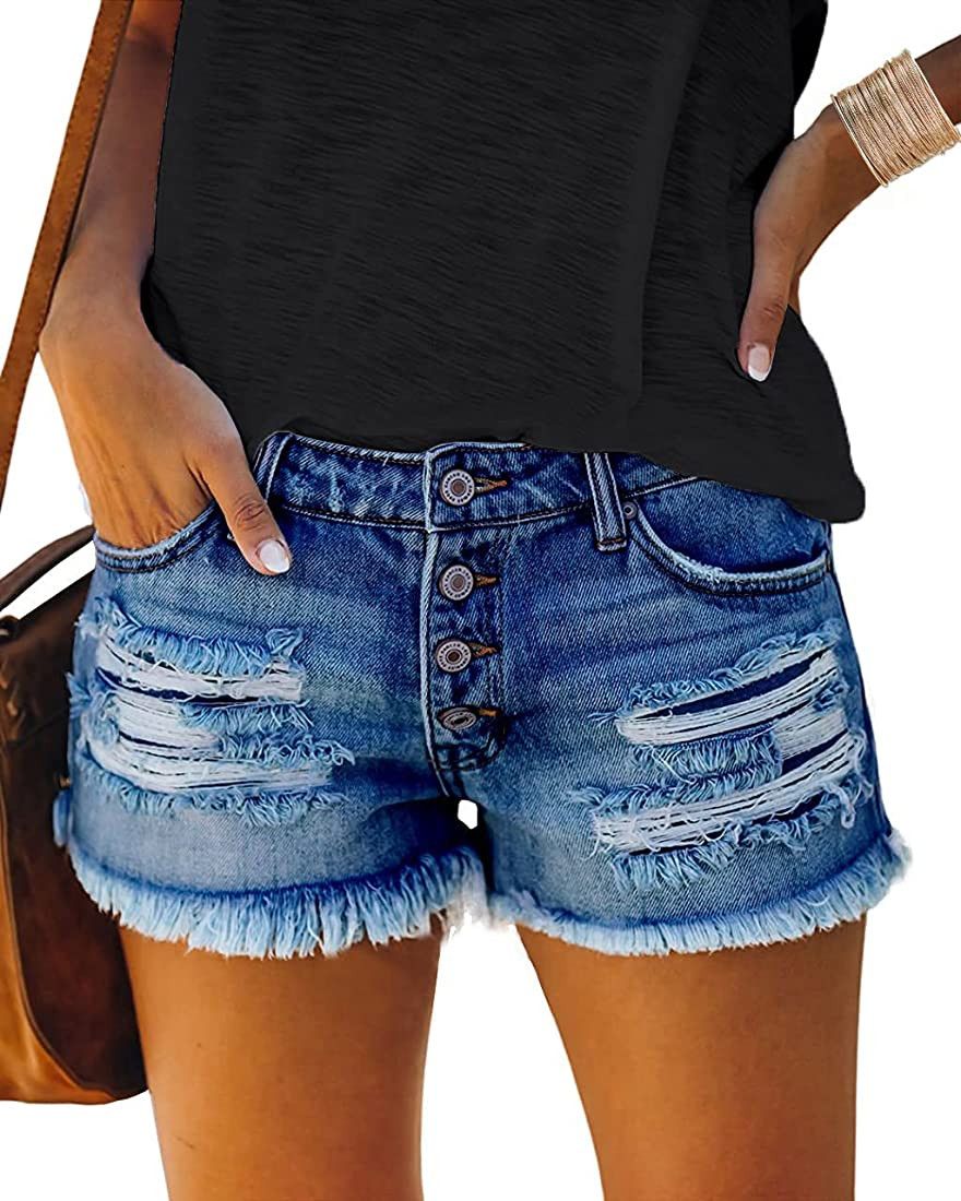 cordat Women Mid Rise Ripped Stretchy Jeans Shorts Frayed Raw Hem Casual Denim Shorts | Amazon (US)