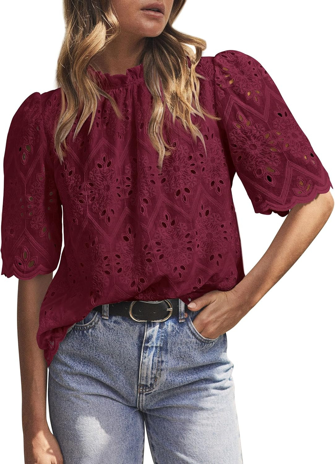 PRETTYGARDEN Women Summer Tops Eyelet Embroidered Shirts | Amazon (US)