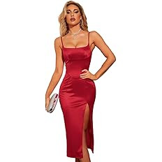 XinFSh Women's Sexy Thigh High Slit Dress Square Neck Satin Spaghetti Strap Midi Dresses | Amazon (US)