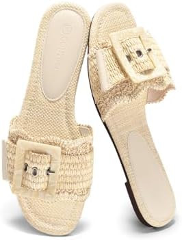 Coutgo Womens Flat Sandals Raffia Slip On Slide Sandal Square Open Toe Buckle Summer Beach Shoes ... | Amazon (US)