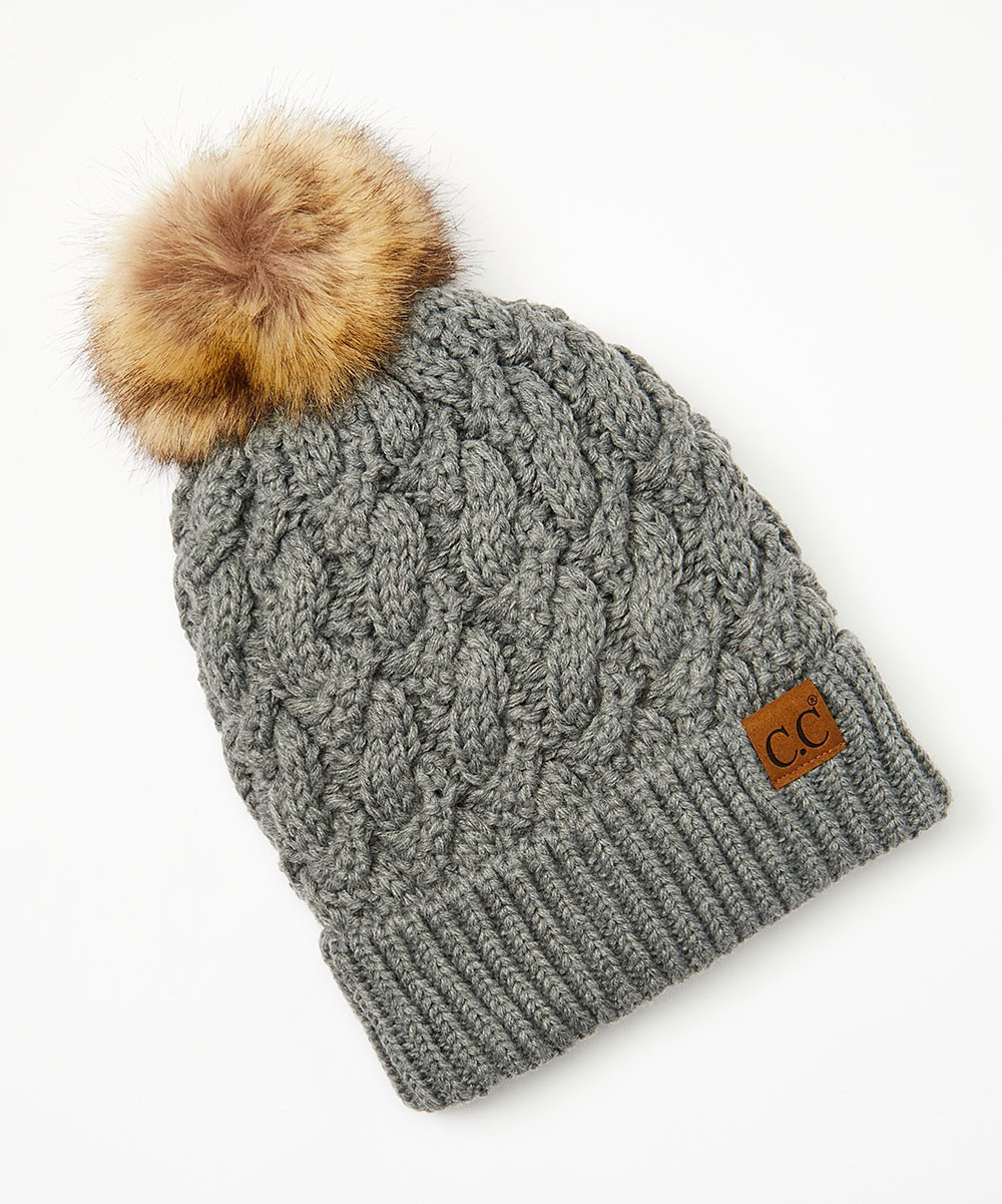 C.C Women's Beanies LT.MEL - Light Gray Melange Ribbed Pom-Accent Beanie | Zulily