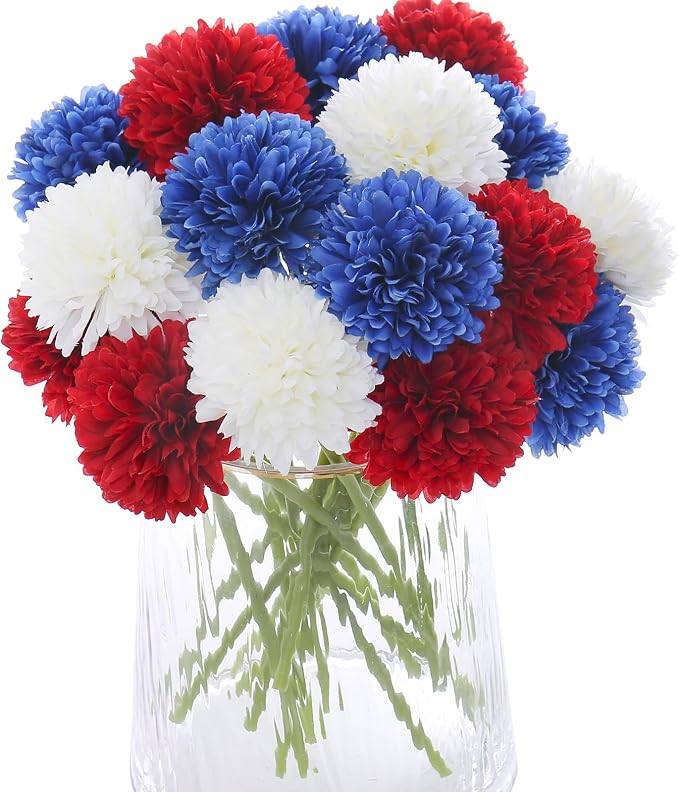 Kimura's Cabin 21Pcs Chrysanthemum Patriotic Flower 4th of July Artificial Flowers Faux Silk Mums... | Amazon (US)