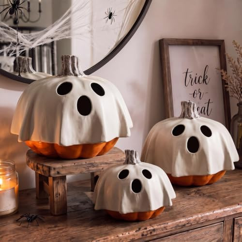 3 Halloween Ghost Pumpkin Decor 7" 6" 5'' Resin Ghost Pumpkin Centerpieces | Amazon (US)