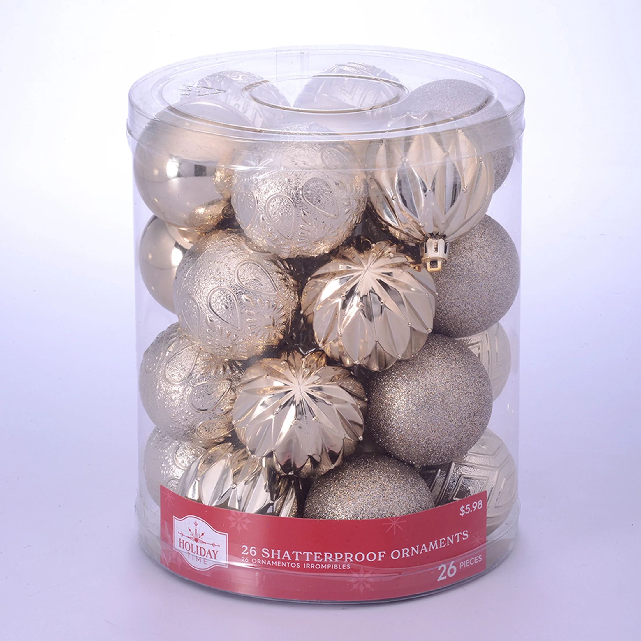 Holiday Time Champagne Gold Shatterproof Ball Christmas Ornaments, 26 Count | Walmart (US)