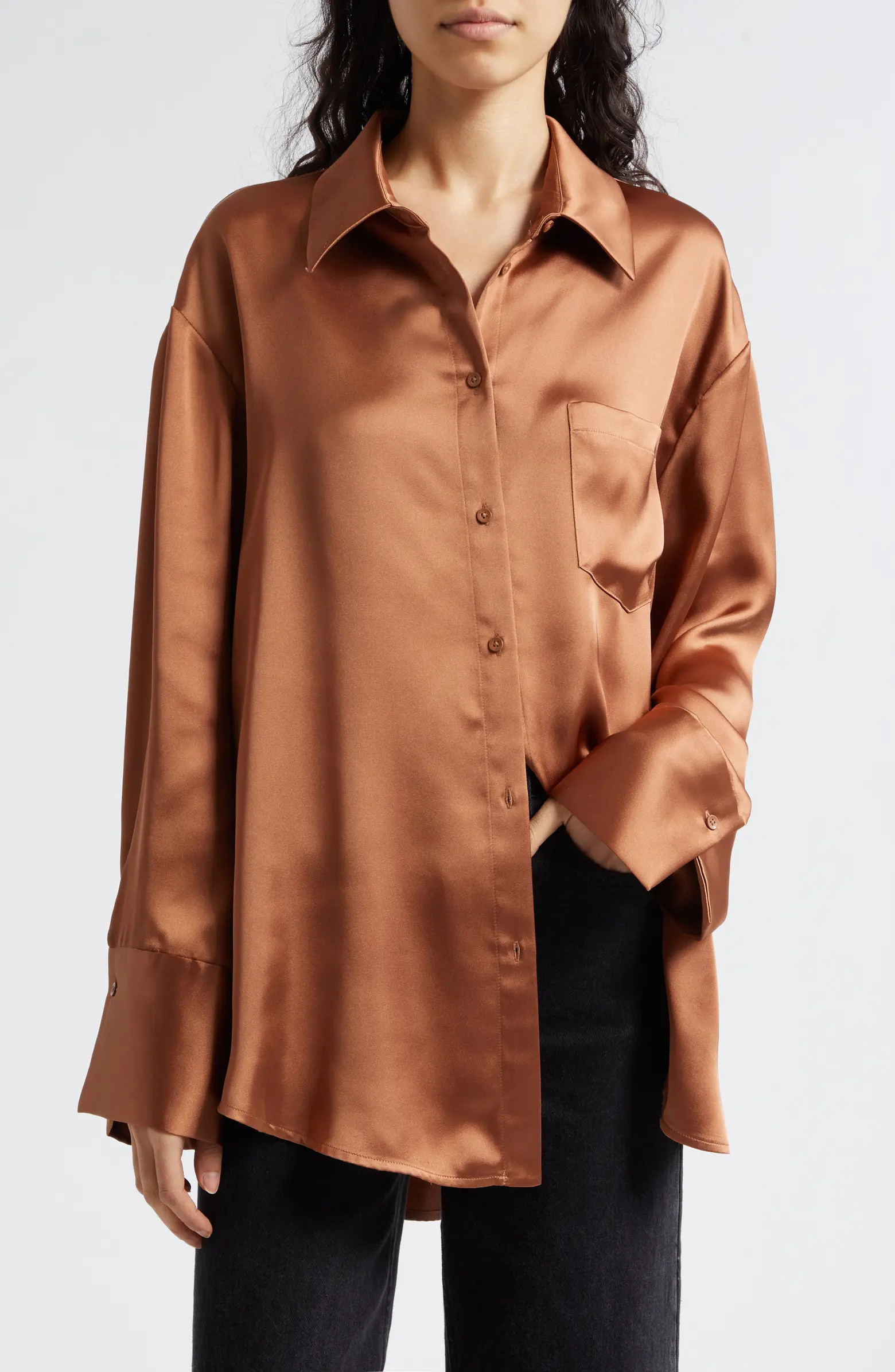 Alice + Olivia Finely Oversize Satin Button-Up Shirt | Nordstrom | Nordstrom