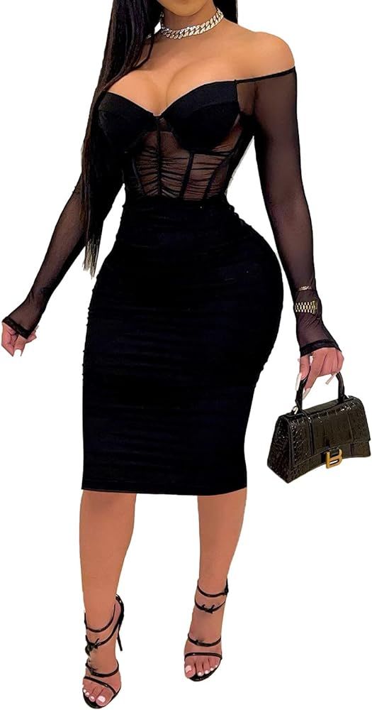Uni Clau Women's Sexy See Through Deep V Neck Patchwork Dress Sheer Mesh Split Slim Bodycon Dress... | Amazon (US)