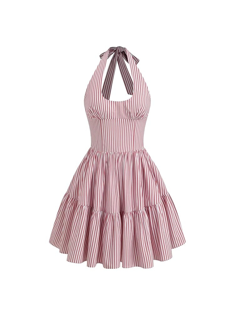 CIDER Women's Halter Mini Dress for Summer Striped Sleeveless Shirred Ruffle Dress Sexy Cute Vaca... | Amazon (US)