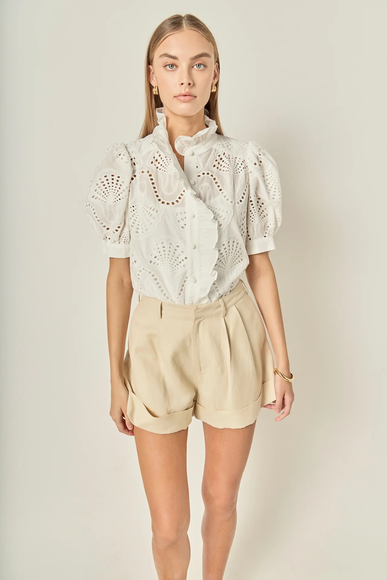 Eyelet Embroidered Ruffle Short Sleeve Shirt | English Factory