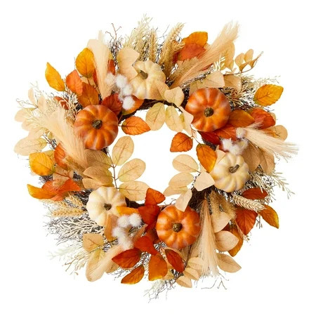 Foam Pumpkin & Fall Foliage Wreath Decor, Orange & Cream, 24", Harvest by Way To Celebrate | Walmart (US)