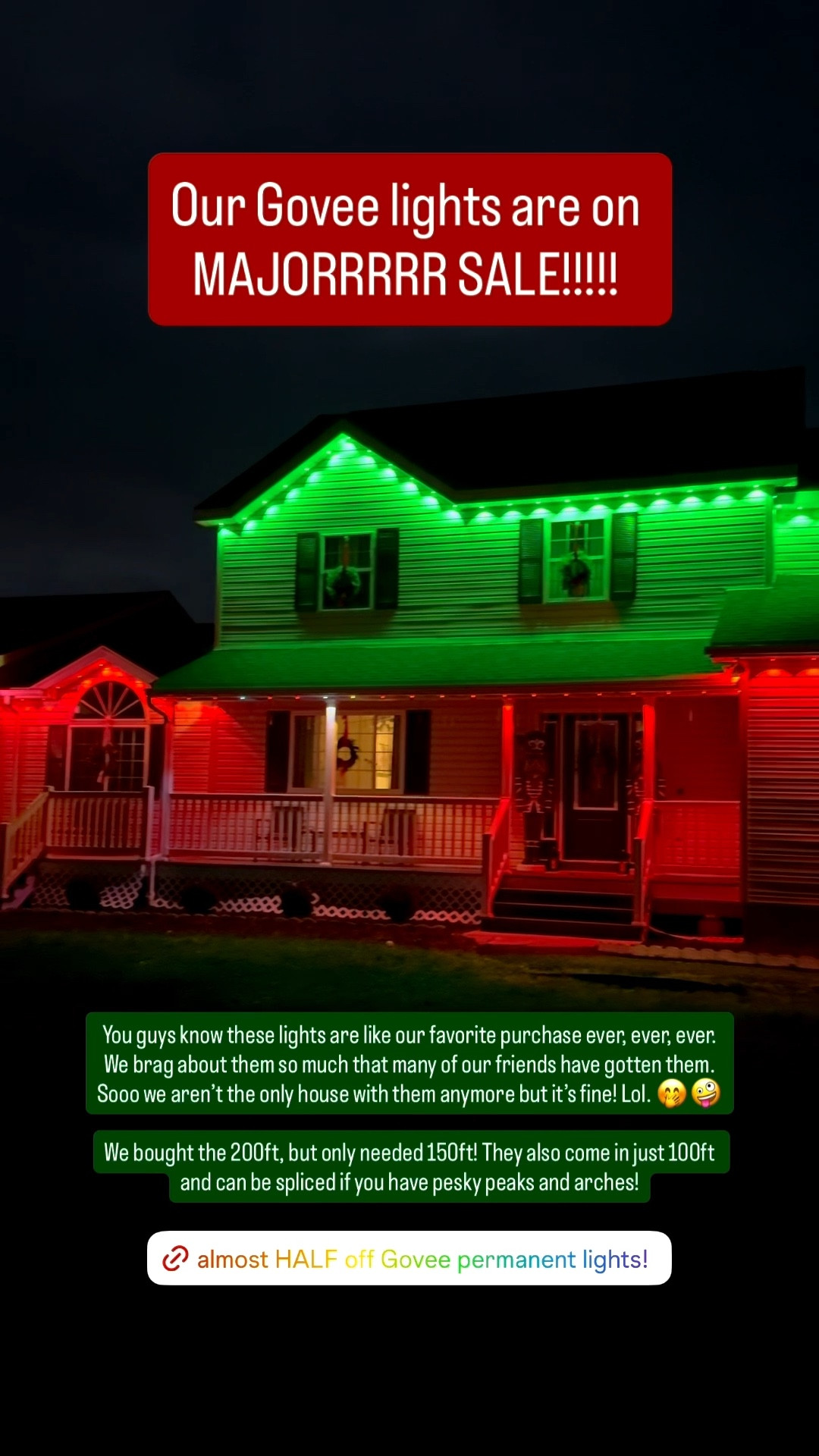 MAJOR SALE on our Govee outdoor permanent lights!!! Permanent lights are a game changer for our home. We turn them on for every holiday and special occasion. 

We also go 200ft of lights but got away with only needing to use 150ft! 

Christmas lights, govee, permanent lights, Black Friday sale 

#LTKCyberWeek #LTKSaleAlert #LTKHoliday