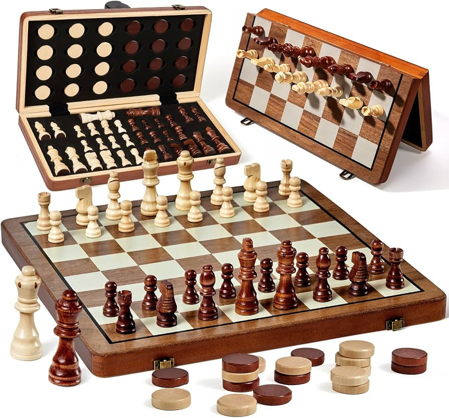 MerryPony 2 in 1 Magnetic Wooden Chess and Checkers Set, 15" Foldable Chess set for Adults & Kids... | Amazon (US)