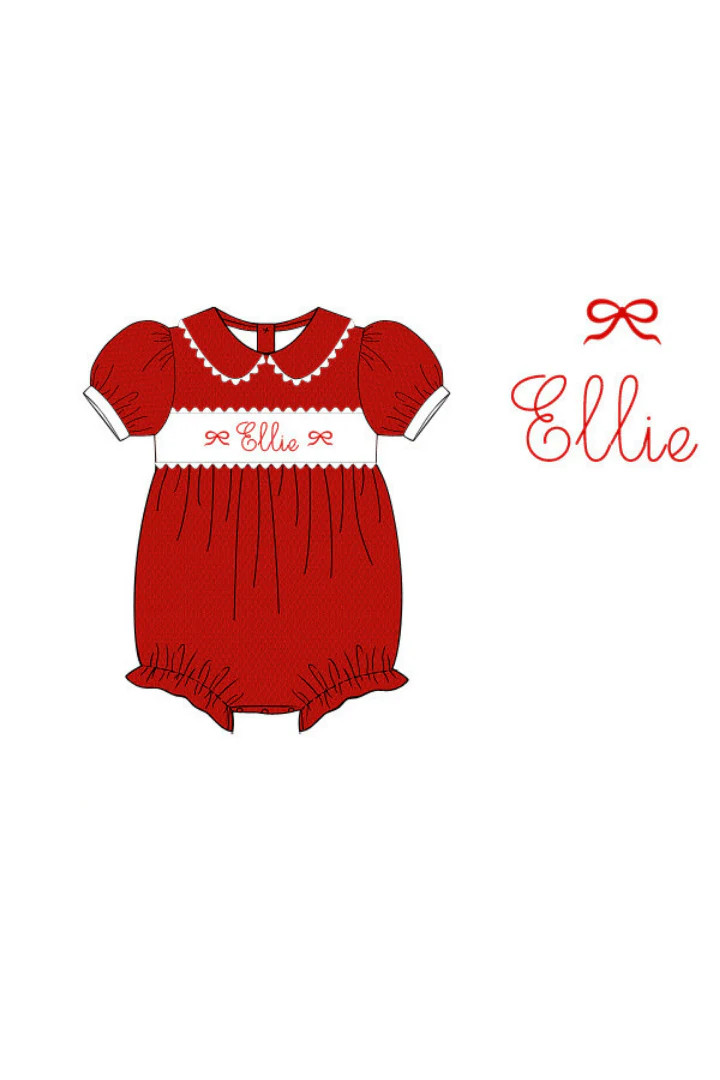 Pre-Order Embroidered Custom Name Red Honeycomb Bow Bubble | The Smocked Flamingo