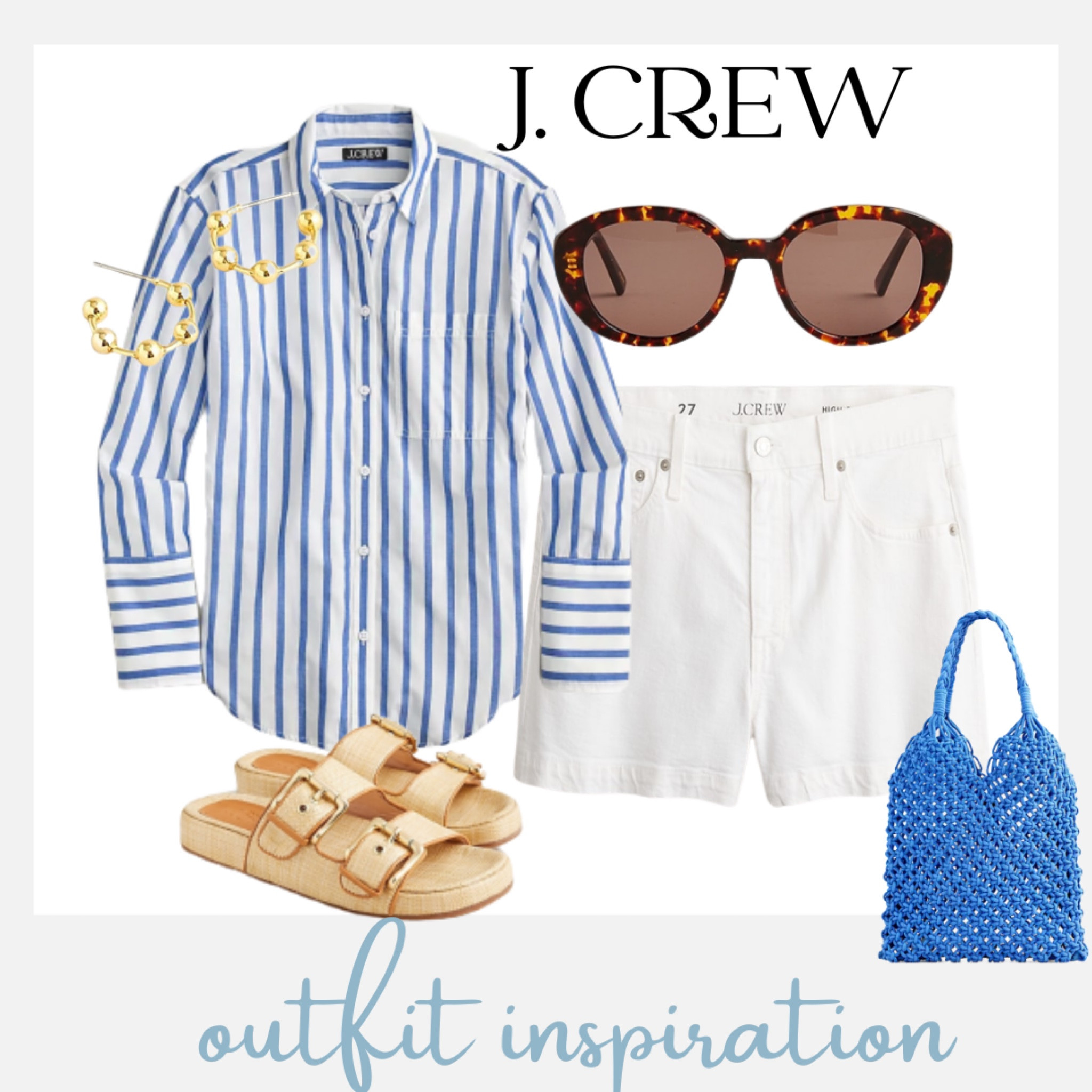 Start adding to your early fall outfits with these outfit inspirations from J.Crew. 
Cotton Voile Shirt in Regal Blue Stripe 
Hand Knotted Rope Tote, Two-Strap buckle sandals in faux raffia
High rise A-Line denim shorts in white, gold hoop earrings 

#LTKSeasonal #LTKstyletip #LTKFind