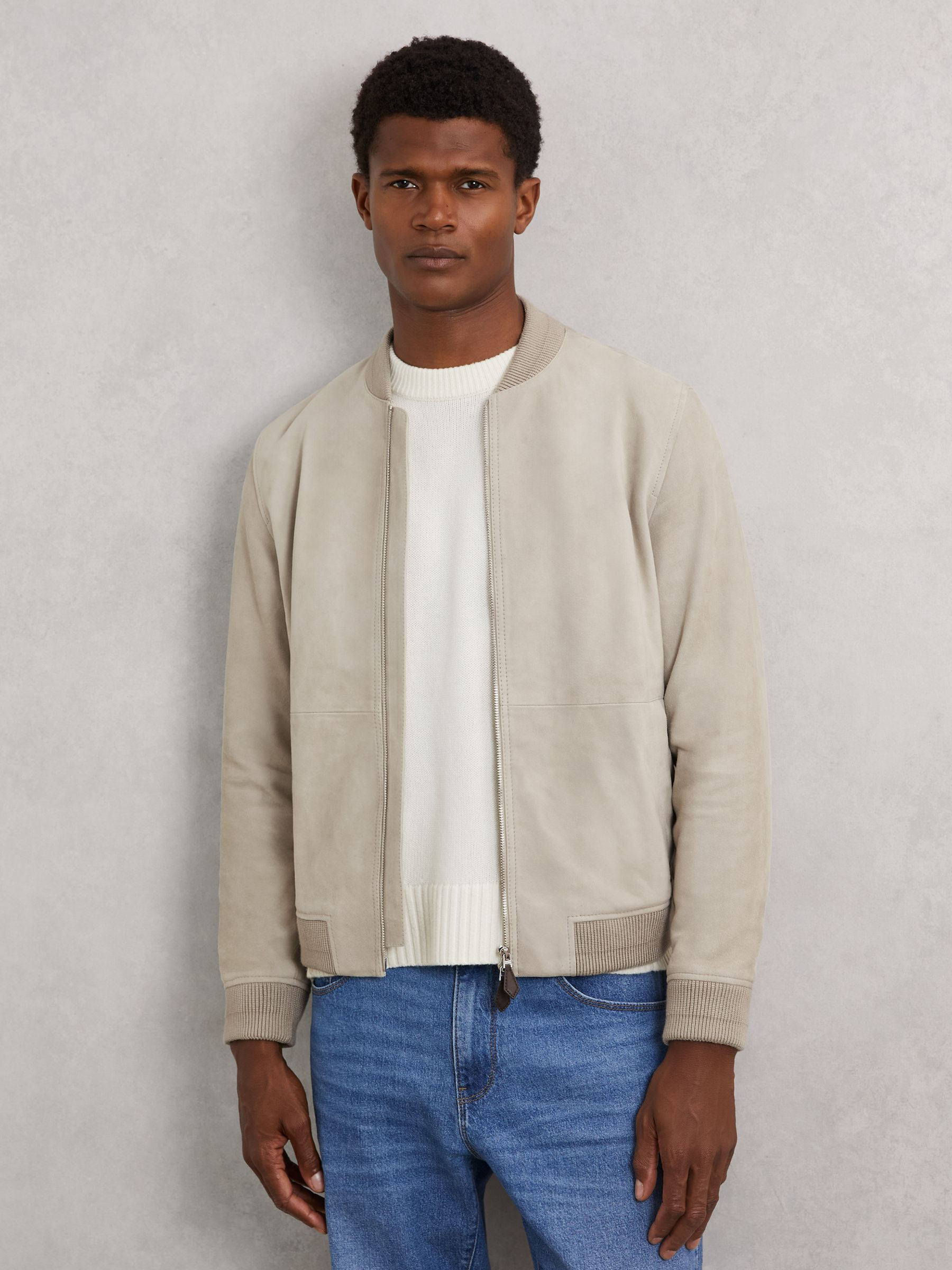 Reiss Suede Zip-Through Bomber Jacket in Grey | REISS | Reiss US