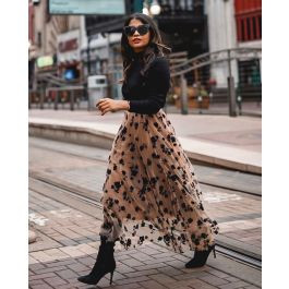 3D Posy Double-Layered Mesh Midi Skirt in Caramel | Chicwish